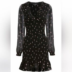 Intermix 100% Silk Black Floral Smocked Ruffle Mini Dress Size 4